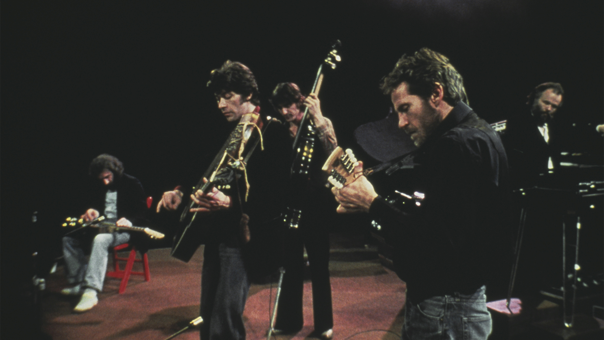 Canadian rock group, The Band performing at their farewell concert at the Winterland Ballroom in San Francisco, 25th November 1976. The concert was filmed by director Martin Scorsese and released as 'The Last Waltz' in 1978. Left to right: Richard Manuel, Robbie Robertson Rick Danko, Levon Helm, and Garth Hudson.
