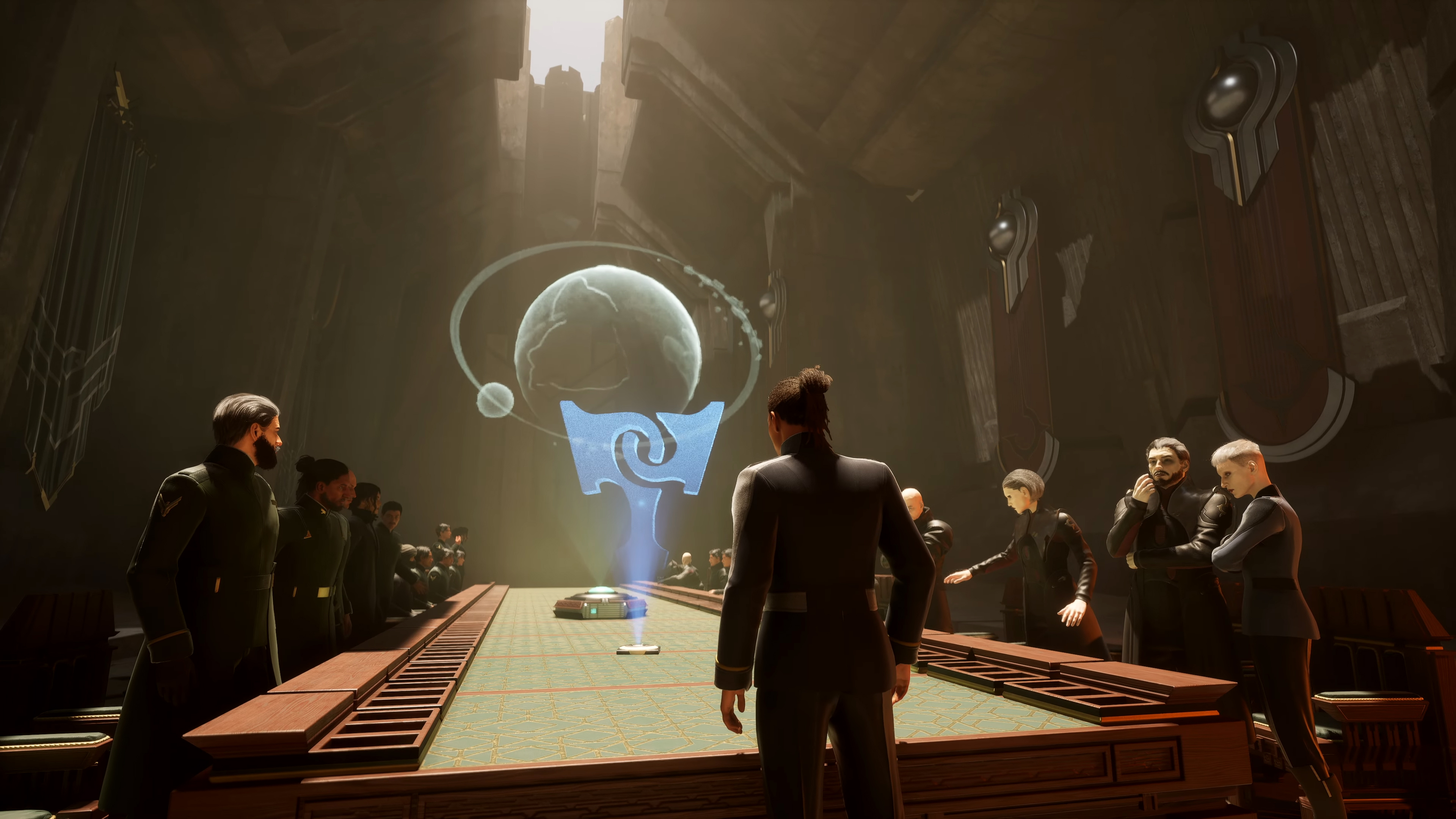 House leaders standing around a large table in Dune Awakening