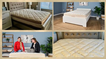 A four-piece collage featuring images of Saatva mattresses going through at-home and lab testing. 