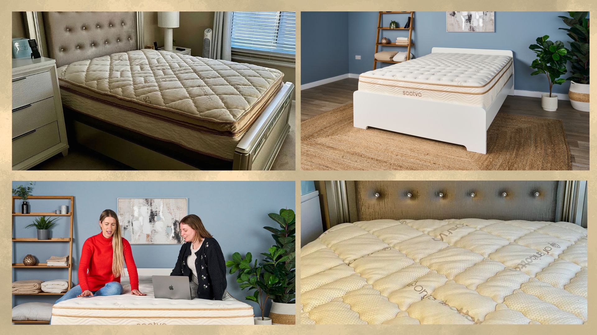 A four-piece collage featuring images of Saatva mattresses going through at-home and lab testing. 