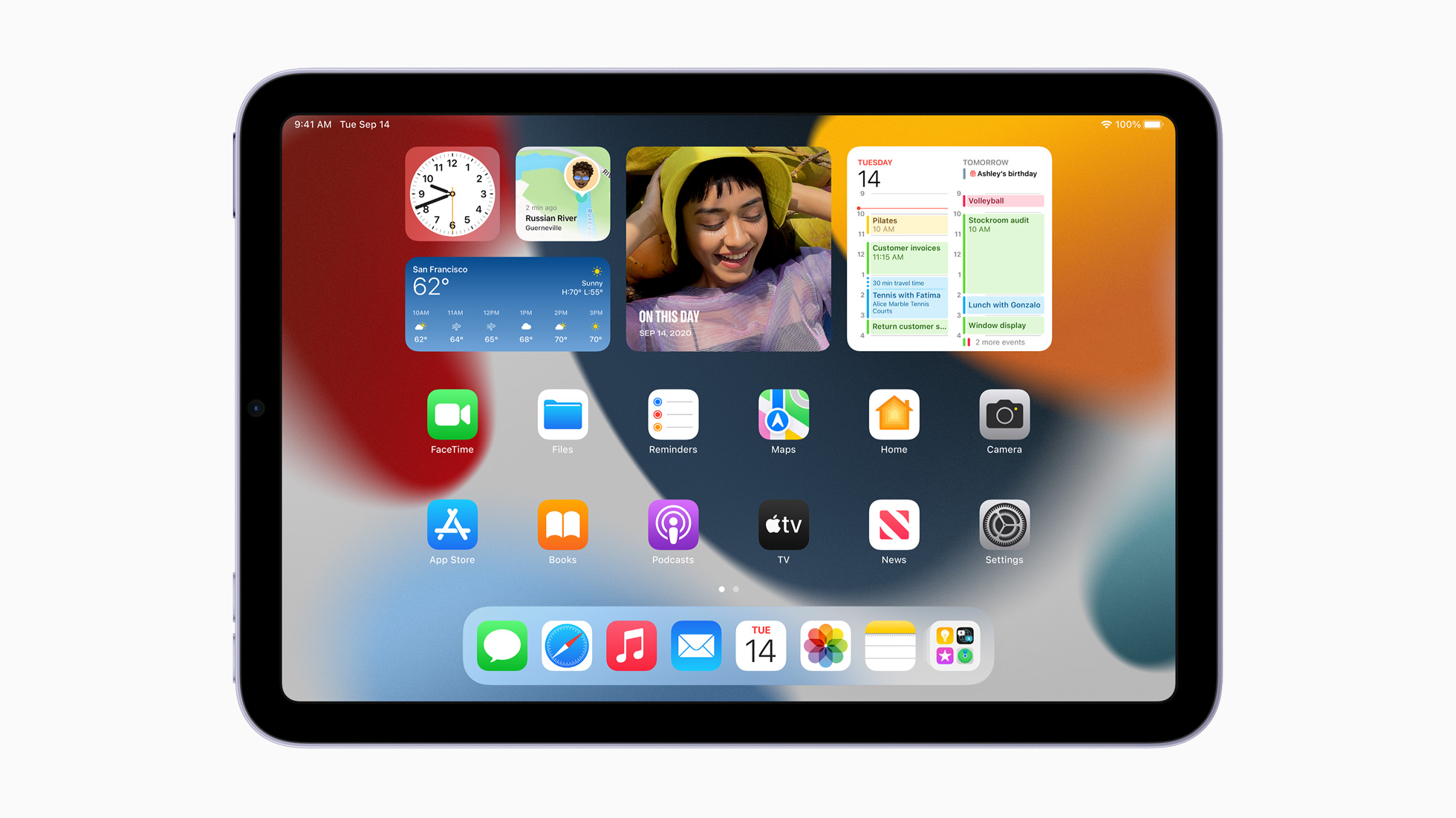 A photo of the homepage of an iPad Mini, showing the iPadOS software.