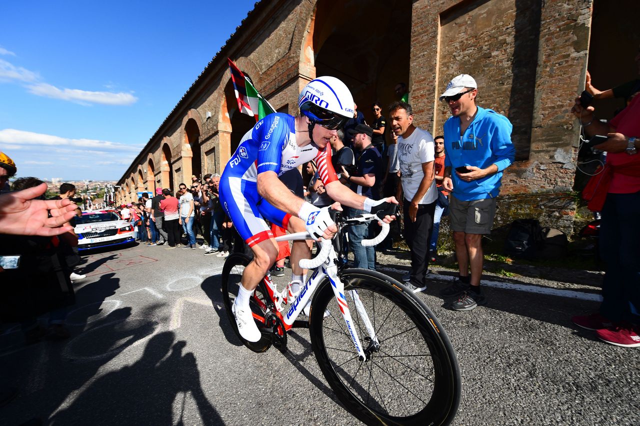 Arnaud D&eacute;mare (Groupama-FDJ) switched bikes before the climb
