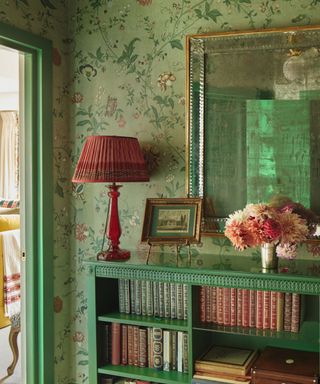 interior decorated with floral pattern hallway with green floral wallpaper