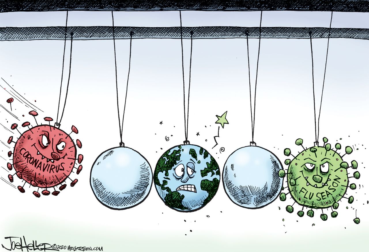 Editorial Cartoon World Coronavirus flu season Newton cradle