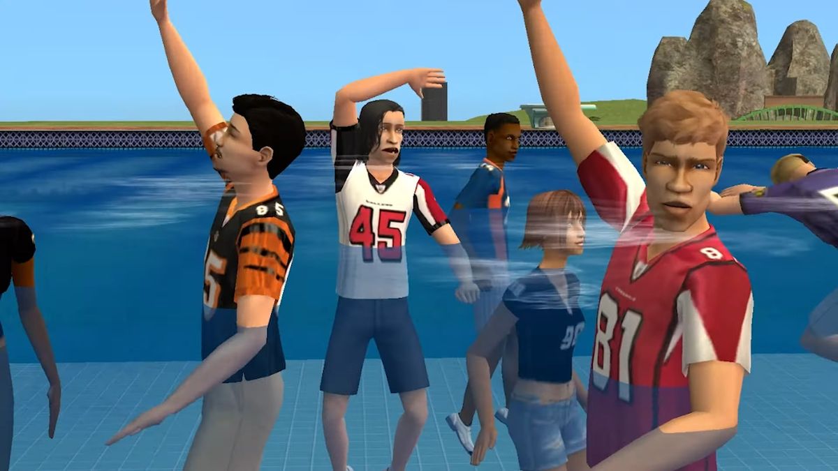 Several Sims wearing modded footbal jerseys wave while stranded in a pool