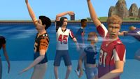 Several Sims wearing modded footbal jerseys wave while stranded in a pool