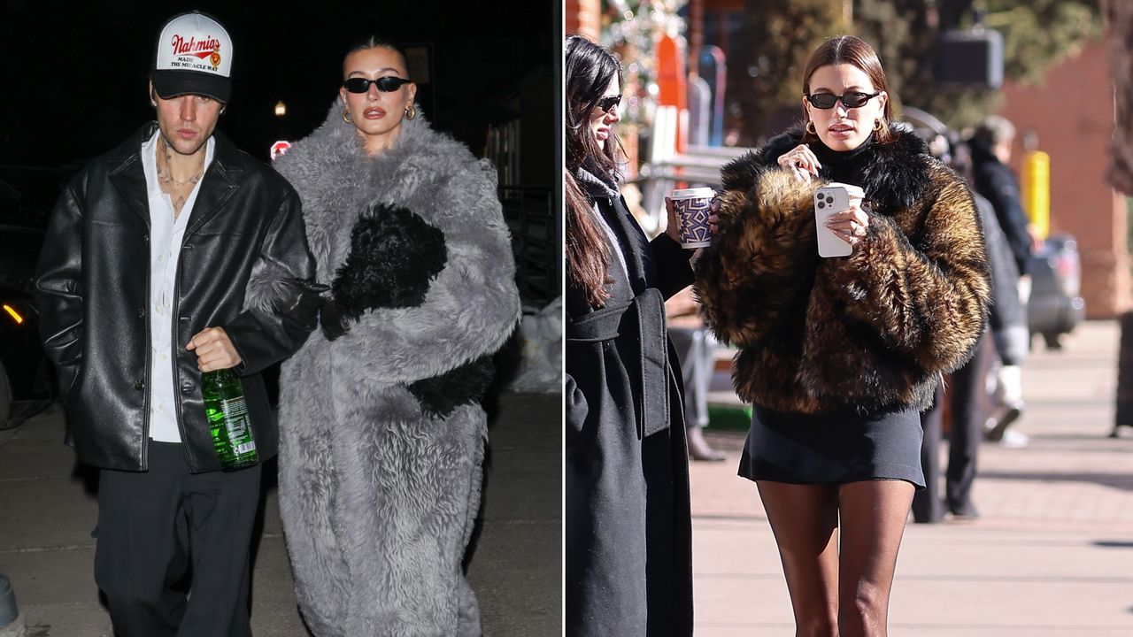 Hailey Bieber in fur coats by Ferragamo