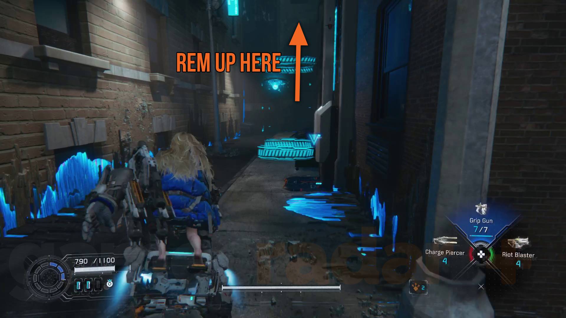 Pragmata Mass Production Array collectibles Side Alley with ascender and arrow pointing up to REM