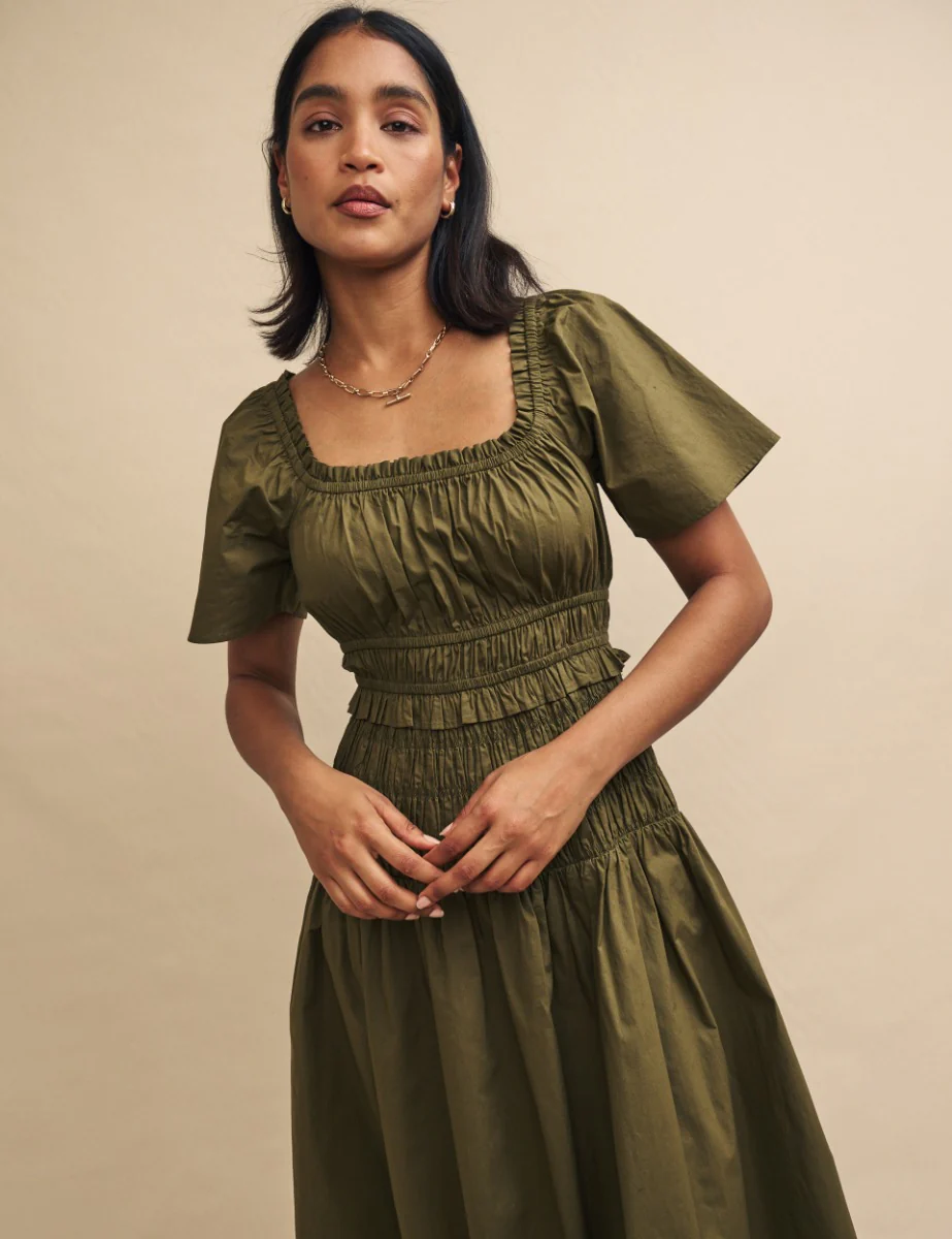 Green Shirred Dress