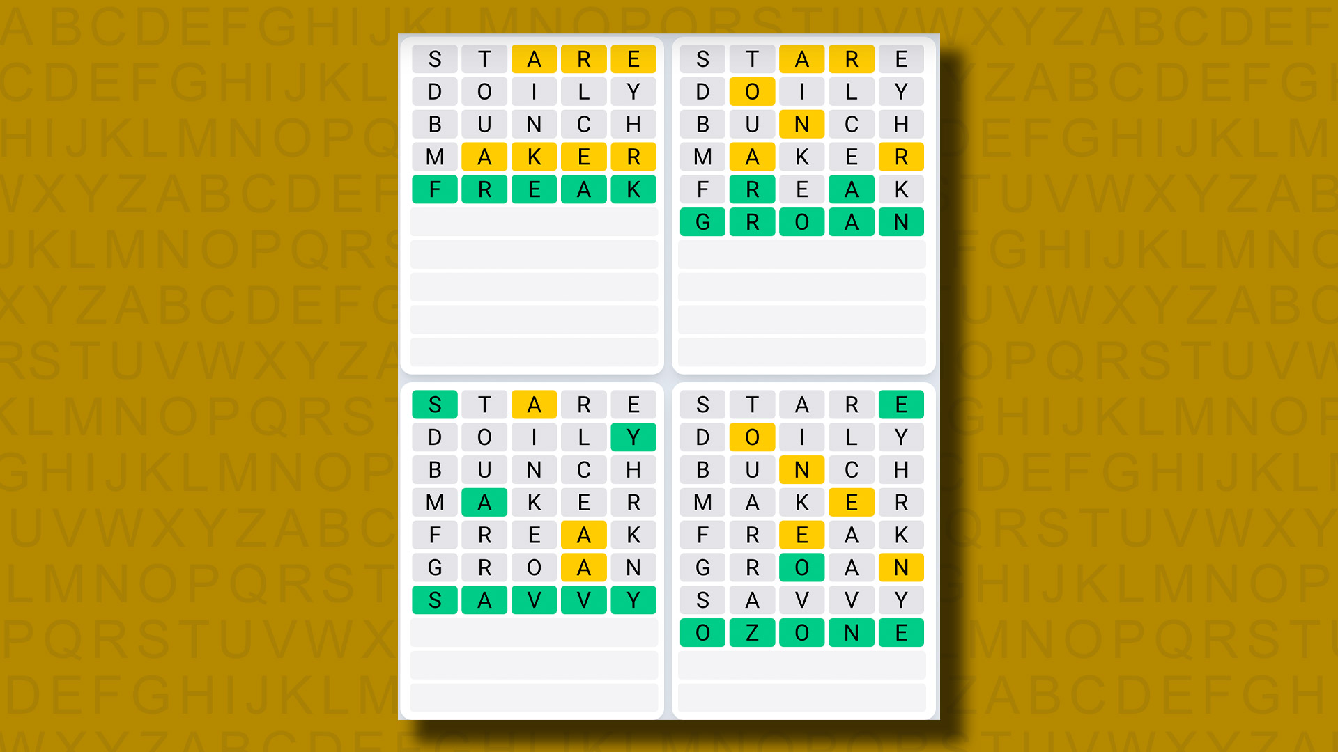 Quordle Daily Sequence answers for game 837 on a yellow background