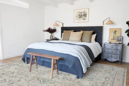 neutral bedroom with vintage style area rug by Ruggable