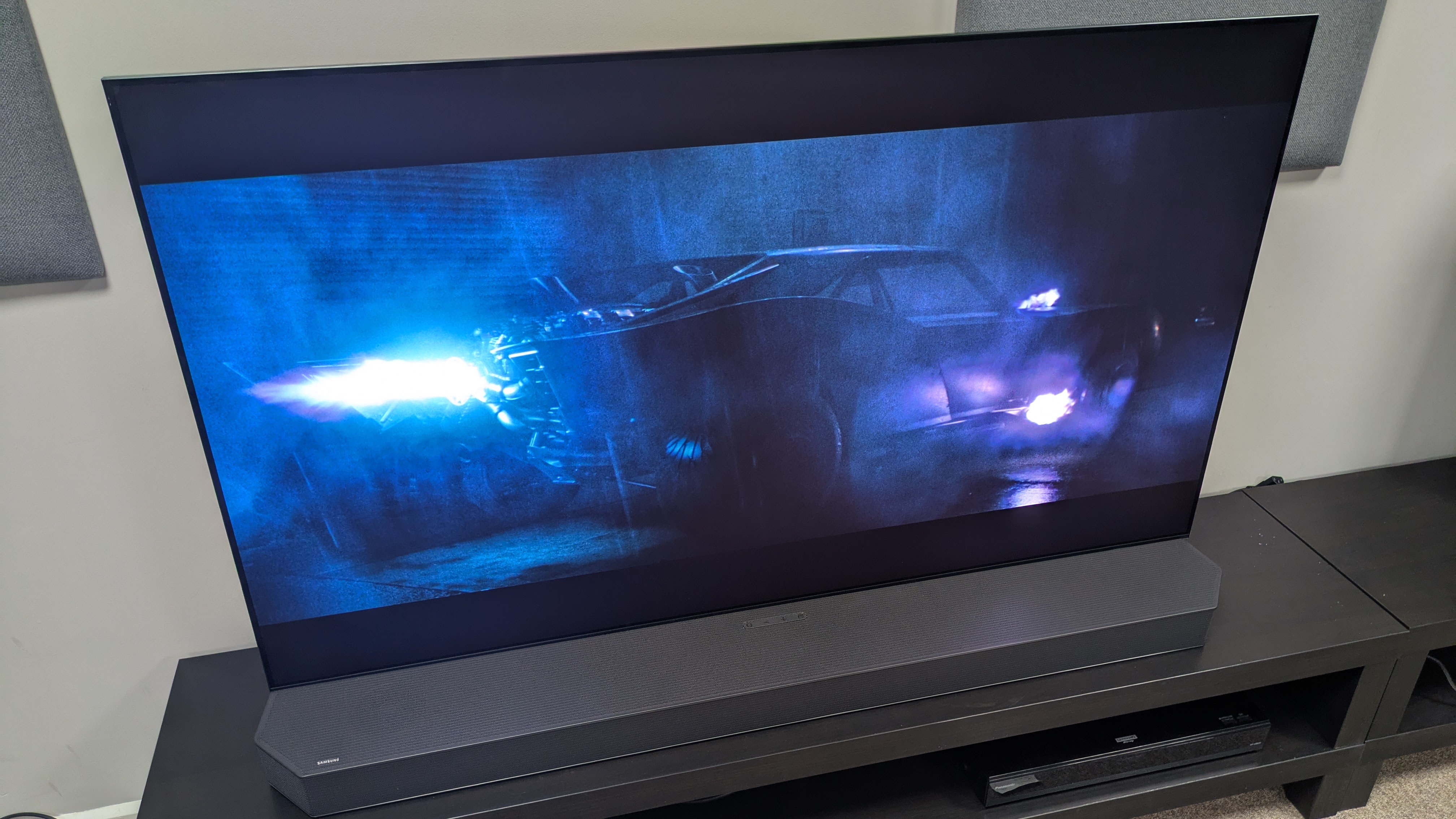 Samsung HW-Q990C soundbar connected to Samsung S95F showing The Batman on screen 