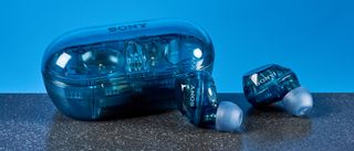 A pair of Glass Blue Sony WF-C710N wireless earbuds.