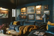 A blue living room with performance velvet sofa