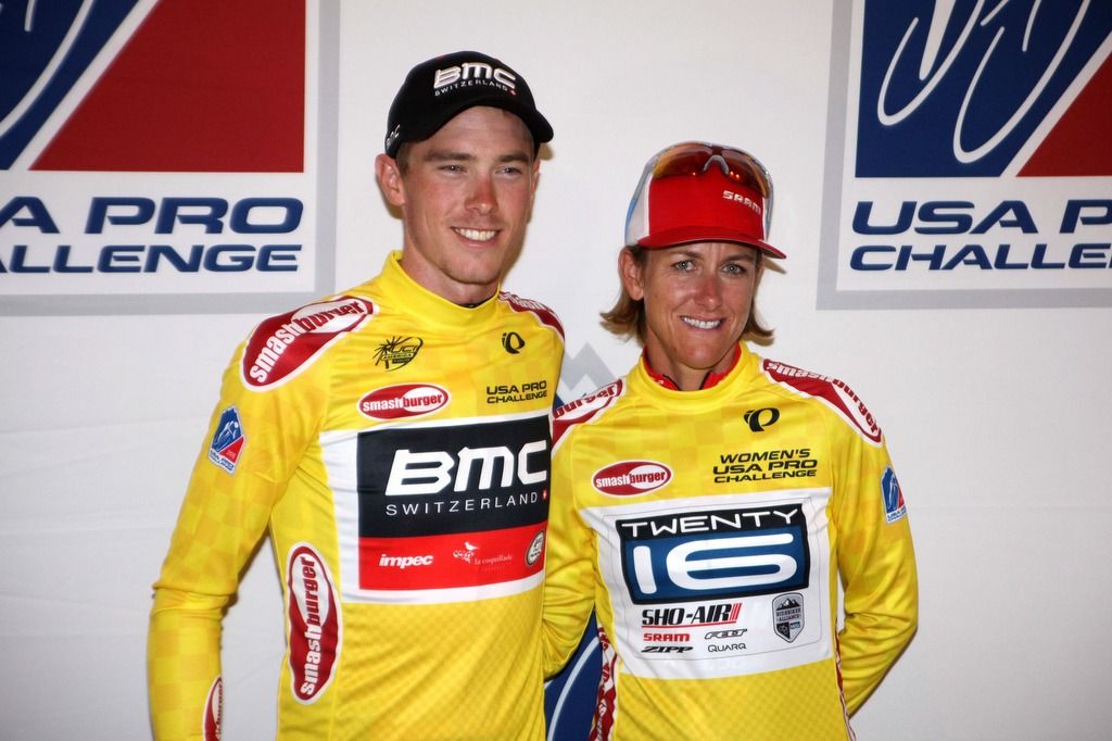 Rohan Dennis and Kirsten Armstrong in their yellow jerseys