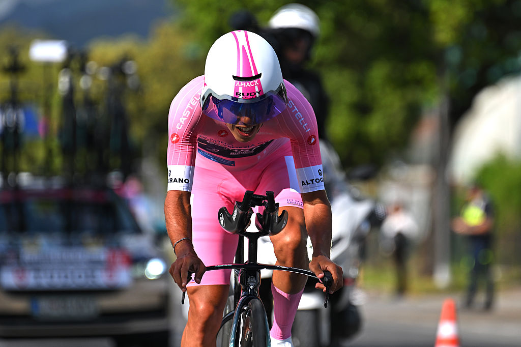MASSA, ITALY - MAY 19: Afonso Eulalio of Portugal and Team Bahrain - Victorious - Pink Leader Jersey competes during the 109th Giro d&amp;apos;Italia 2026, Stage 10 a 42km individual time trial stage from Viareggio to Massa / #UCIWT / on May 19, 2026 in Massa, Italy. (Photo by Tim de Waele/Getty Images)