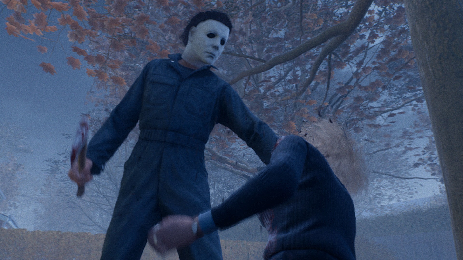 Michael holds a hatchet over Laurie as she kneels on the ground in front of him in Halloween the Game.