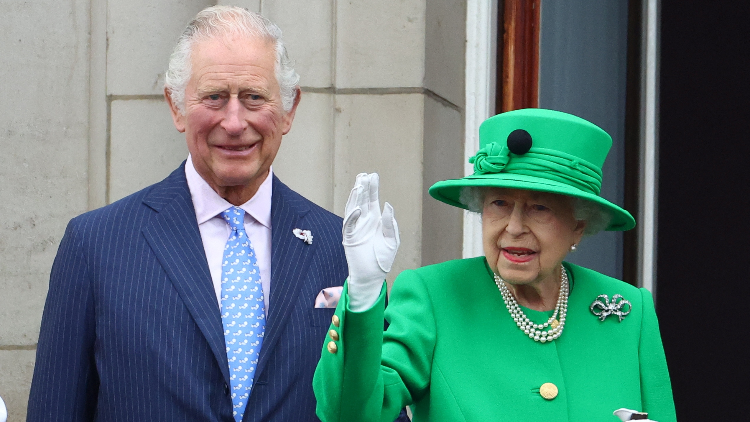 King Charles and Queen Elizabeth stand on the Buckingham Palace balcony during the Platinum Jubilee Pageant on June 05, 2022