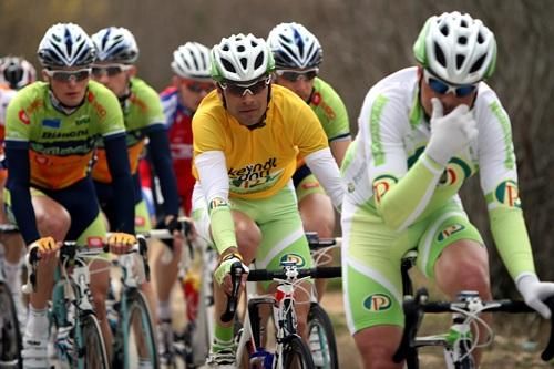 Robert Vrecer (Perutnina Ptuj) wears the leader's yellow jersey.