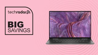 Dell XPS 13 laptop on pink background with big savings text overlay