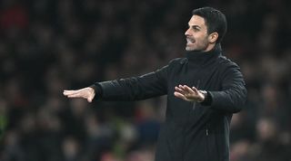 Mikel Arteta gestures during Arsenal's win over Brentford in March 2024.