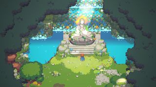 A young adventurer called Kloa sits in front of a shrine