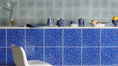 Blue tiles with ceramics in a kitchen