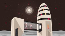 An illustration of two astronauts boarding a rocket on the moon