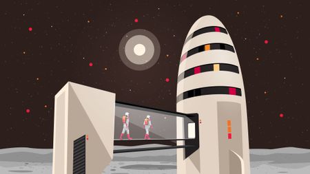 An illustration of two astronauts boarding a rocket on the moon