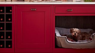 red kitchen units with built-in dog bed