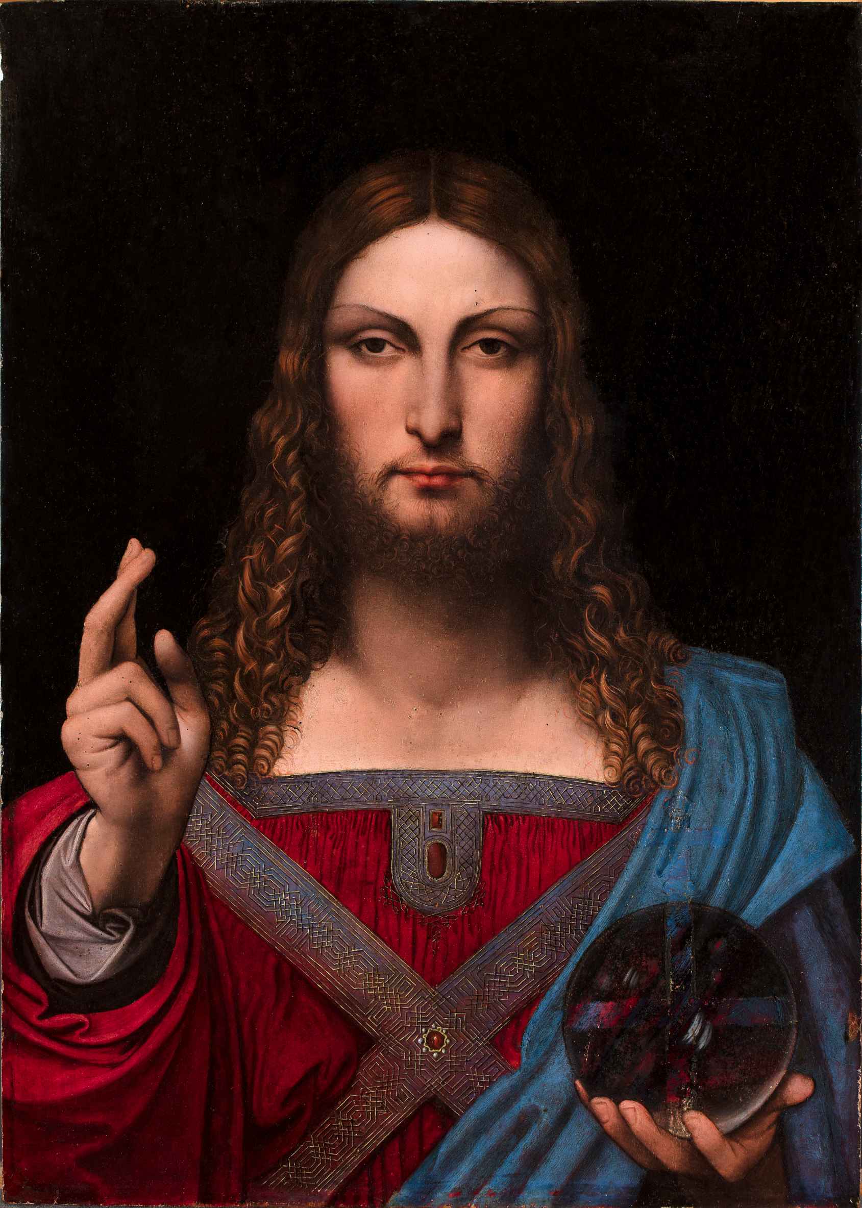 Christ as Salvator Mundi wearing a red and blue robe