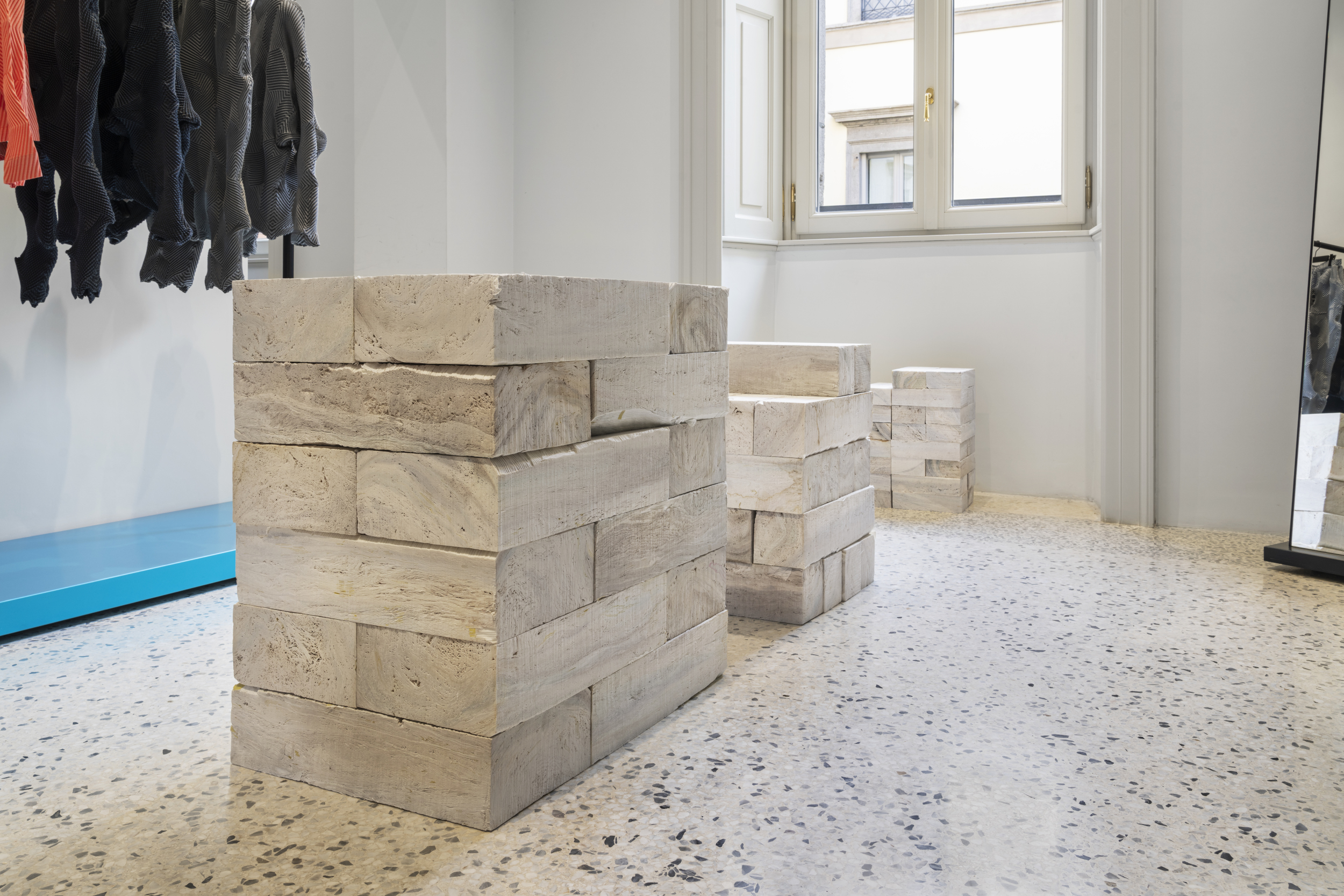 Sculptural paper installation at Issey Miyake store in Milan during Design Week 2026