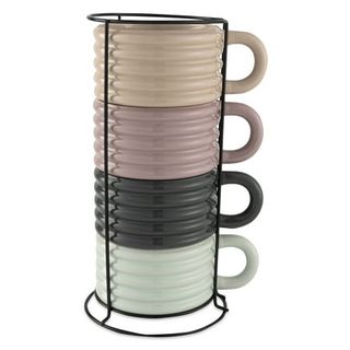 Thyme & Table 4-Piece Ceramic Ribbed Stackable Mug Set With Rack, 12 Fl Oz