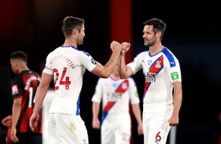 Crystal Palace’s Gary Cahill and Scott Dann celebrate the win