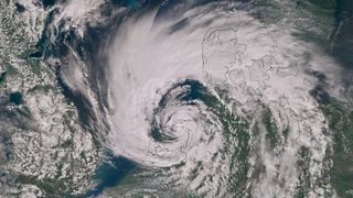 Summer storm Poly seen by the European Earth-observing satellite Sentinel-3 over the Netherlands.