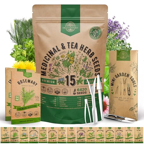 Organo Republic 15 Medicinal &amp;amp; Tea Herb Seeds Variety Pack 6,420+ Non-Gmo Heirloom Garden Seeds for Indoor &amp;amp; Outdoors, Including Anise, Borage, Cilantro, Chamomile, Dandelion, Rosemary Seeds