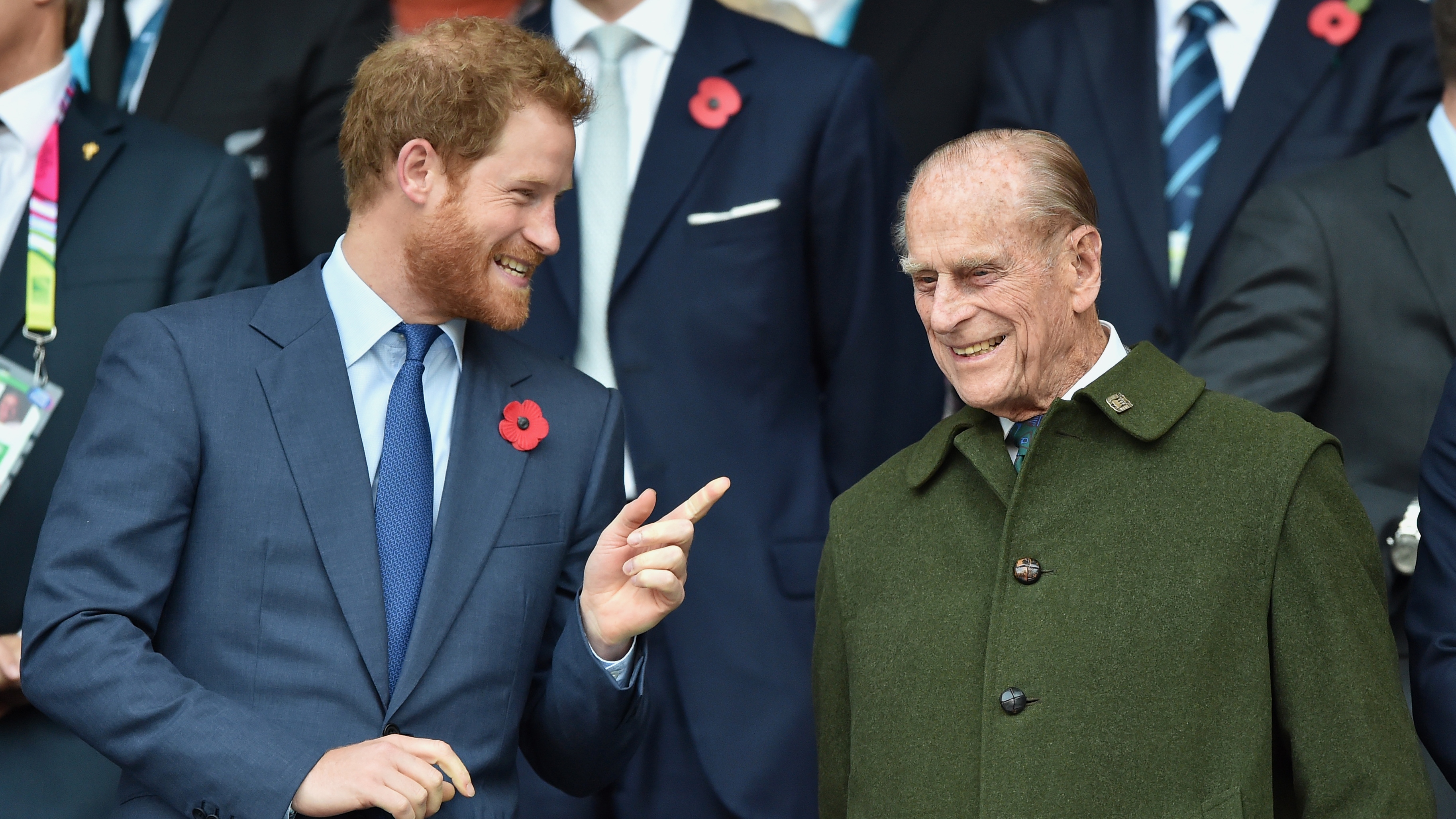 Prince Harry and Prince Philip, Duke of Edinburgh attend the 2015 Rugby World Cup Final
