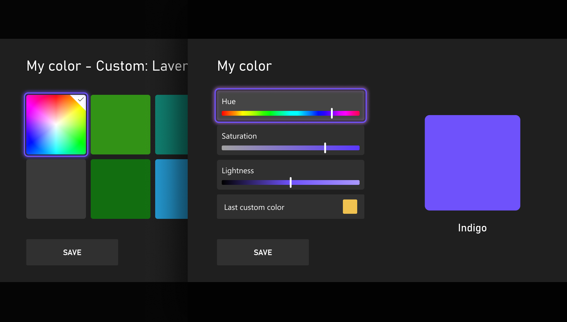 Xbox custom color interface menu selection.