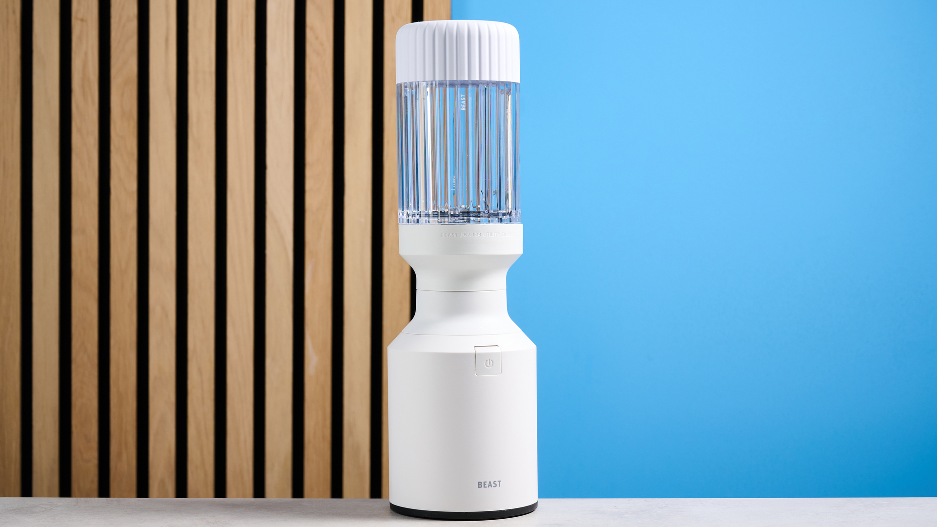 Beast Mighty 850 Plus personal blender in cloud white colorway with attachments.