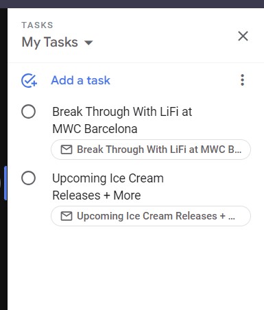The Google Tasks task list in Gmail's sidebar on the desktop UI