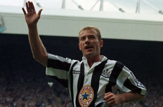 Alan Shearer celebrates after scoring for Newcastle United against Sheffield Wednesday, August 1996