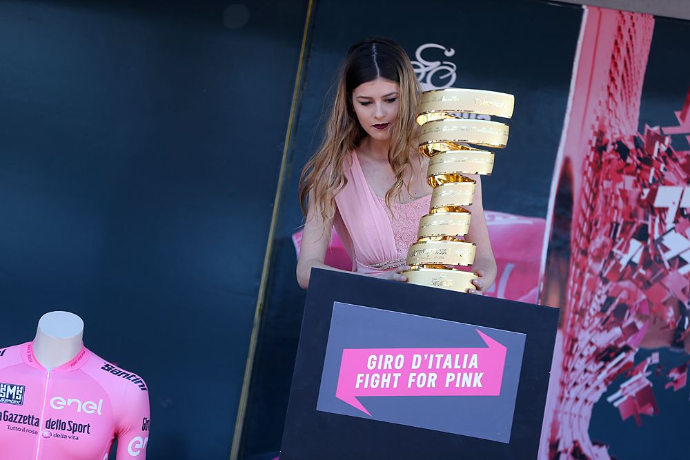 The sparkling Giro d'Italia trophy on display in Arnhem