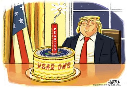 Political cartoon U.S. Trump first year government shutdown