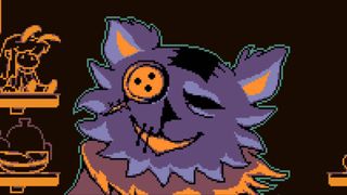 Deltarune screenshot of the purple cat shopkeeper Seam, who has a button over one of their eyes.