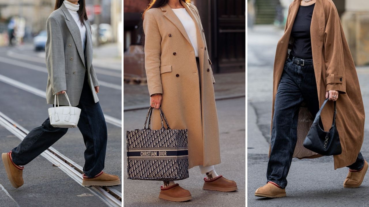 composite of three street style shots of women wearing ugg tasmans