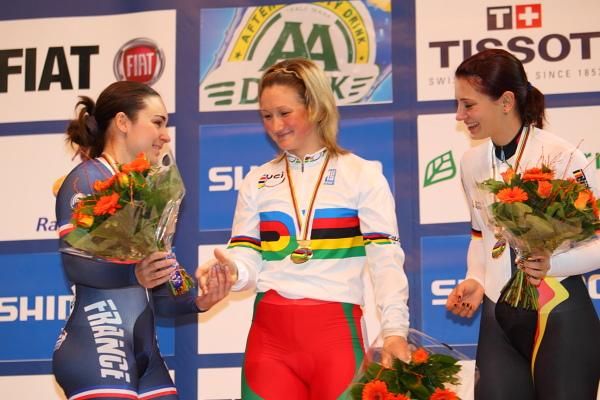 The 500m time trial podium - Sandie Clair (France), Olga Panarina (Belarus) and Miriam Welte (Germany)