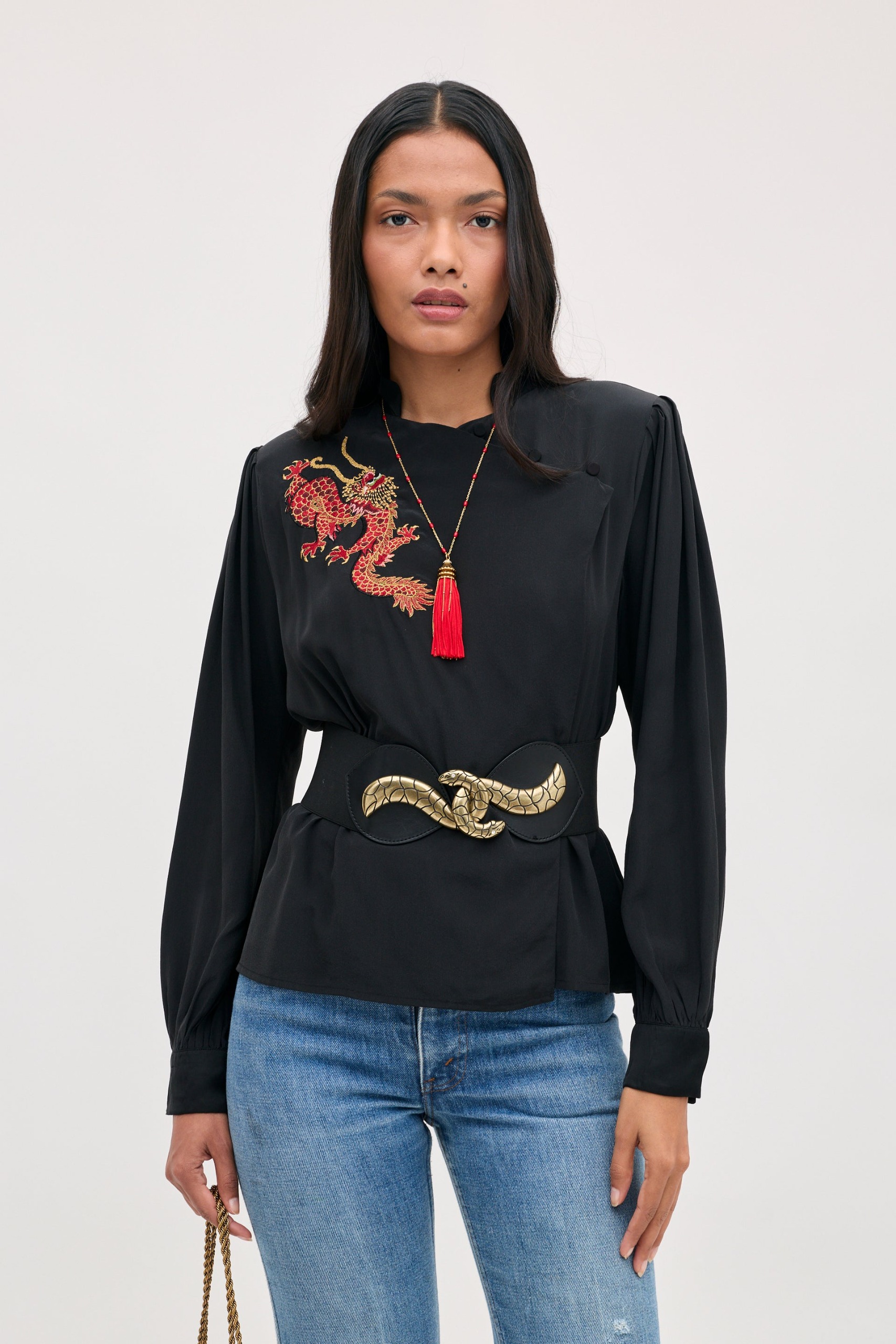 Sylvie Embroidered Silk Top in Black Dragon Embroidery Red