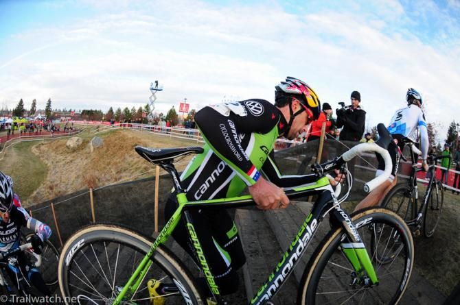 Tim Johnson (Cannondale) running the stairs behind Summerhill