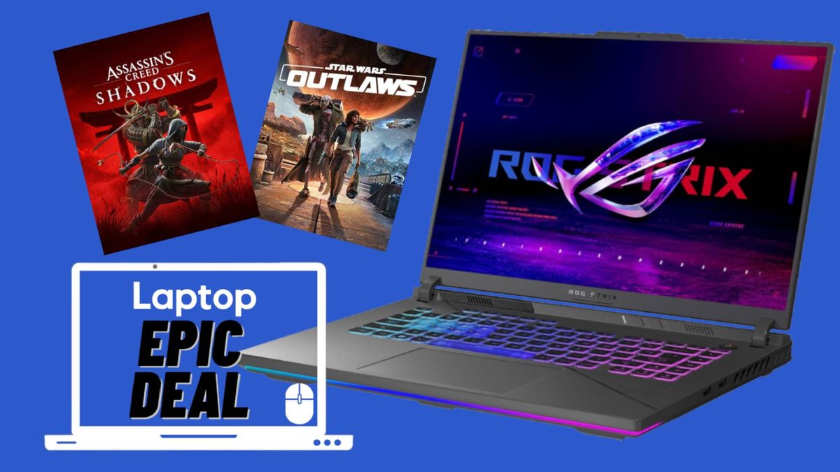  Asus ROG Strix G16 laptop with Assassin&#039;s Creed Shadows and Star Wars Outlaws game cover art with epic deals text on blue background