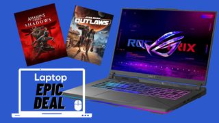  Asus ROG Strix G16 laptop with Assassin&#039;s Creed Shadows and Star Wars Outlaws game cover art with epic deals text on blue background